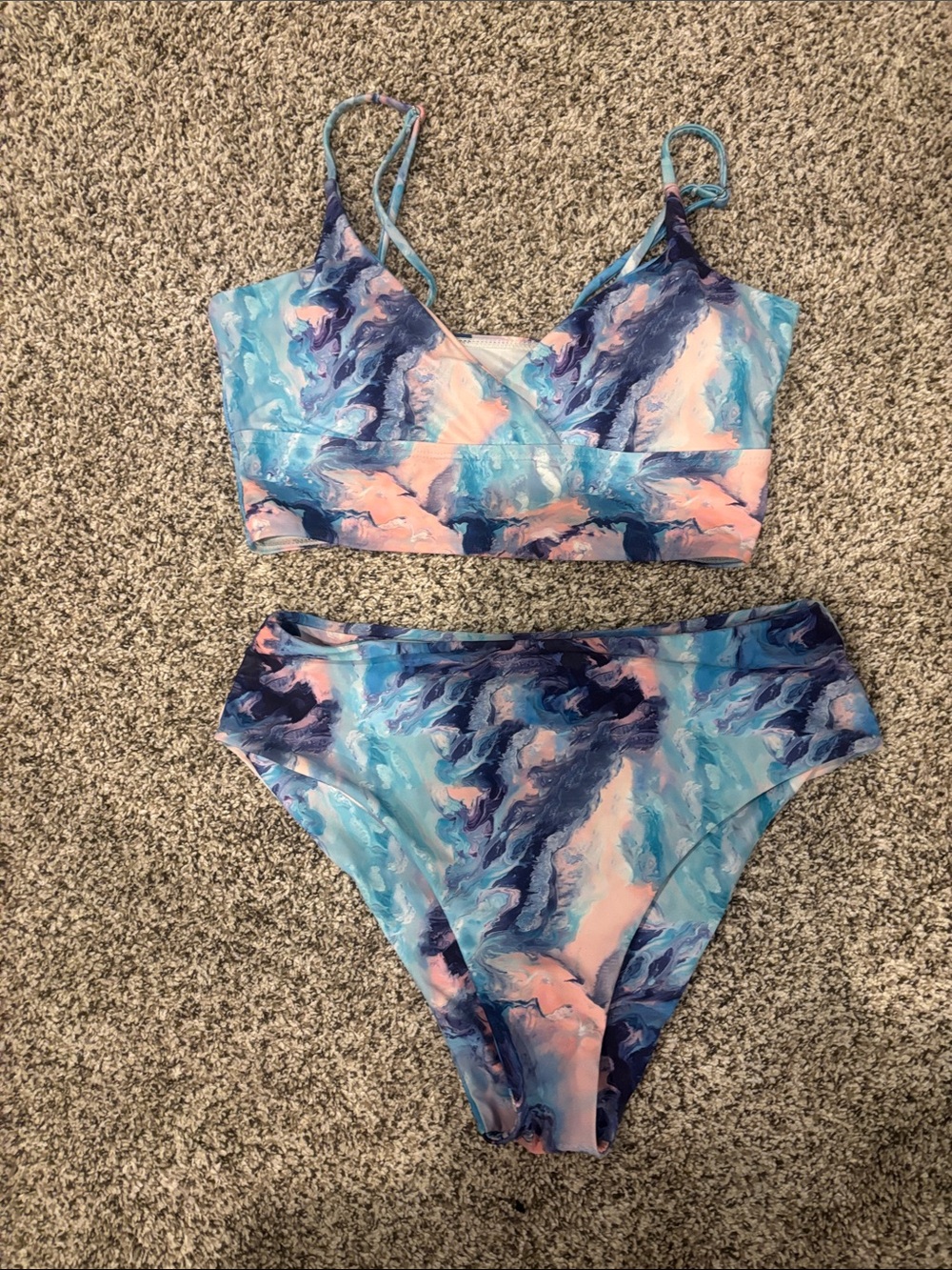 SHEIN Blue & Pink Marble Print Two-Piece Bikini
